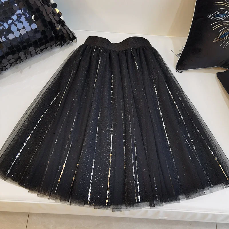 Boho Black Sequins tulle A Line Skirts Summer vintage skirt charm