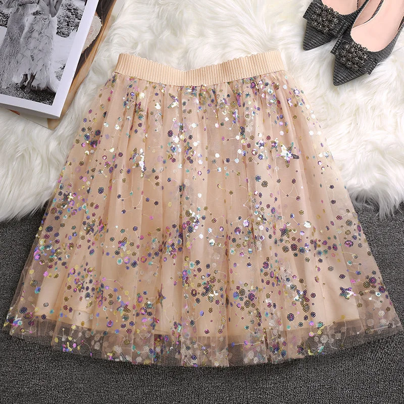 Casual Beige Sequins tulle Elastic Waist Skirts Summer relaxed fit skirt