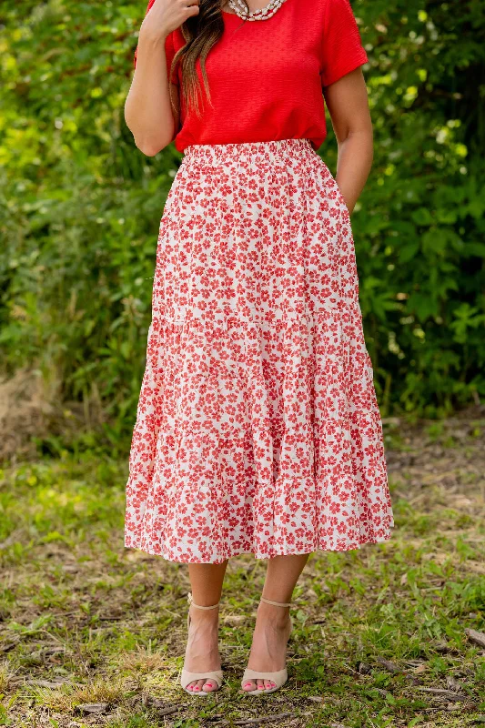 Cherry Blossoms Tiered Midi Skirt denim skirt fashionable