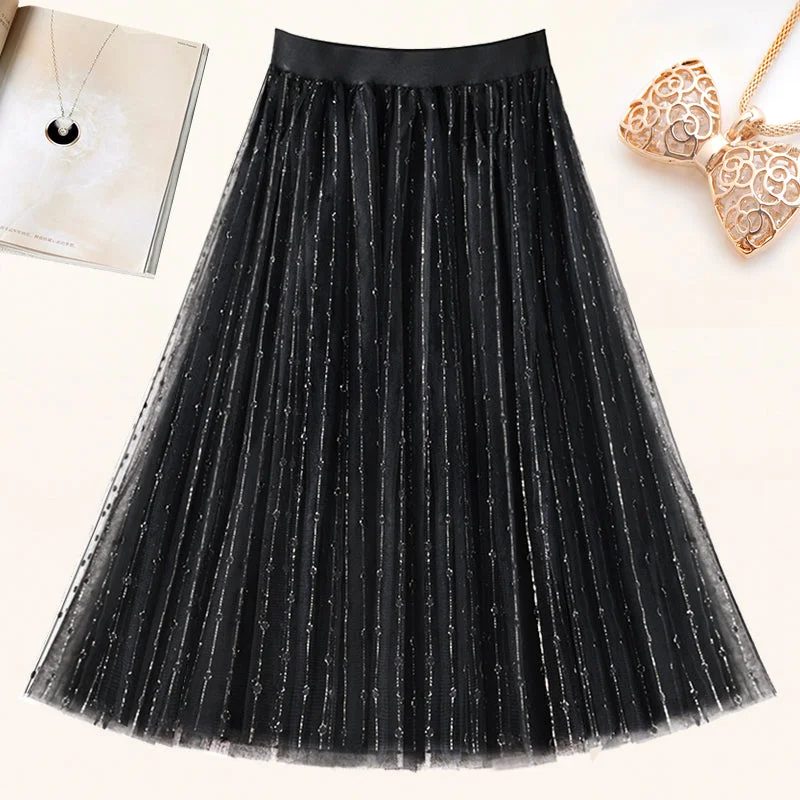 Fashion Black Elastic Waist tulle Pleated Skirt Summer leather skirt bold