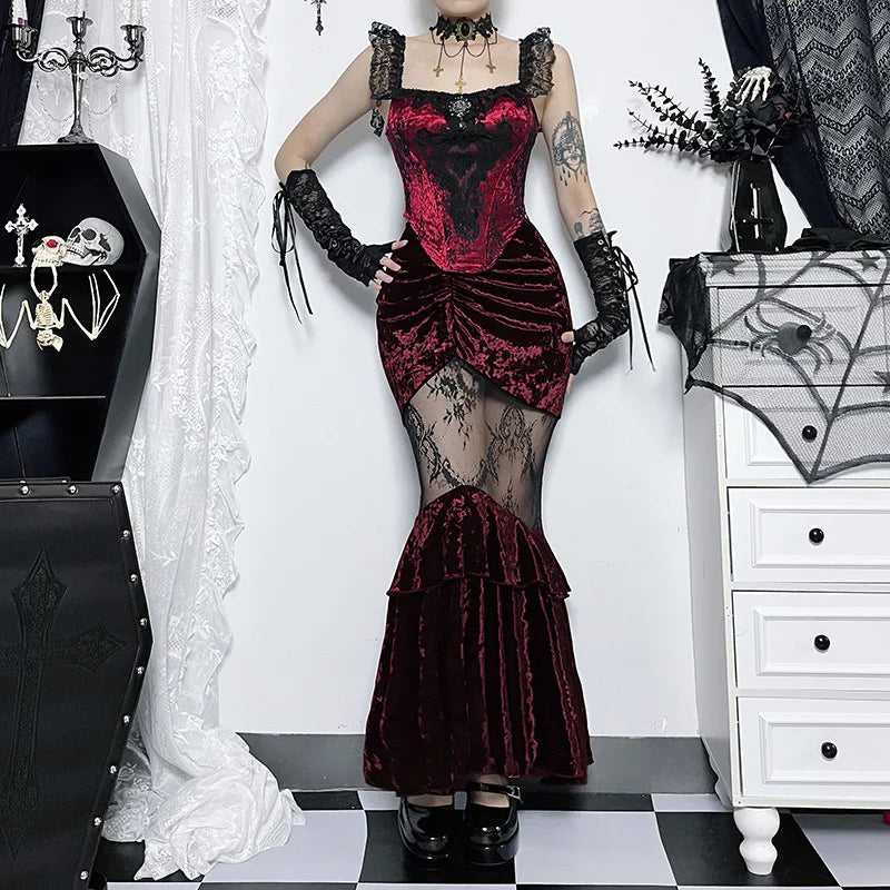 Black Fairy Grunge Women Gothic Velvet Lace Stitching Fall Sexy Fishtail Skirt tulle skirt dreamy