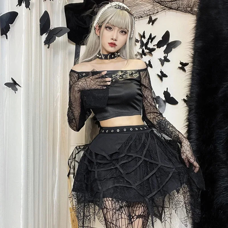 Gothic Mini Y2K Harajuku Spider Web Patchwork Lace Tassel Dark Academy Street Woman With Belt Fairy Grunge Skirt leather skirt sleek