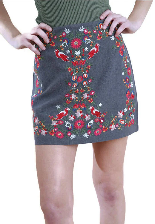 Floral Embroidered High Waist Mini Skirt, Grey cotton skirt soft