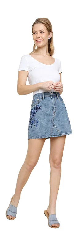 Floral Embroidered Mini Skirt, Light Denim velvet skirt plush