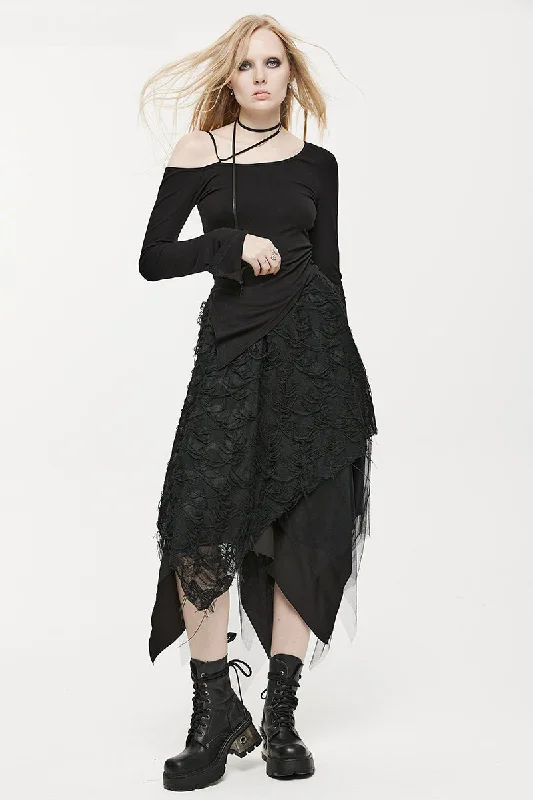 Women's Asymmetrical and Style Fashion Tattered Mesh Butterfly Half Burnt Black Dry Skirt lace skirt delicate