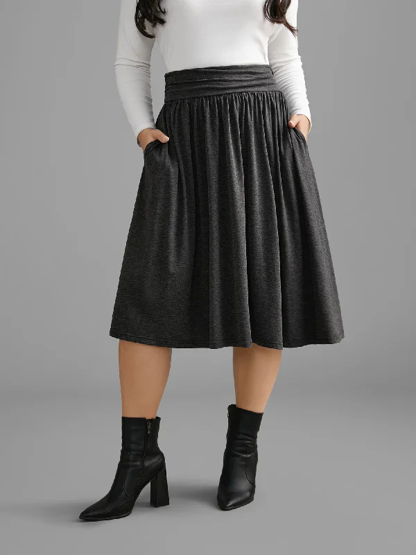 Plain Ruched Pocket Slightly Stretchy Skirt chiffon skirt airy