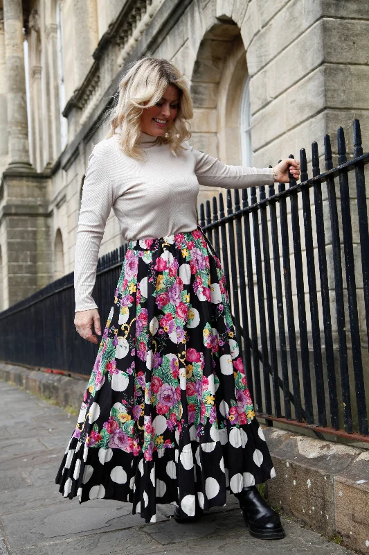 Polka Dot Floral Maxi Skirt Black asymmetrical skirt cut