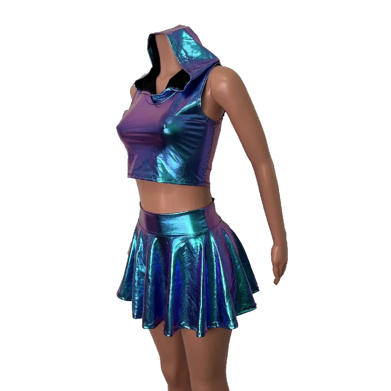 Rave Outfit - Oil Slick Holographic High Waisted Skater Skirt & Sleeveless Cropped Hoodie chiffon skirt delicate