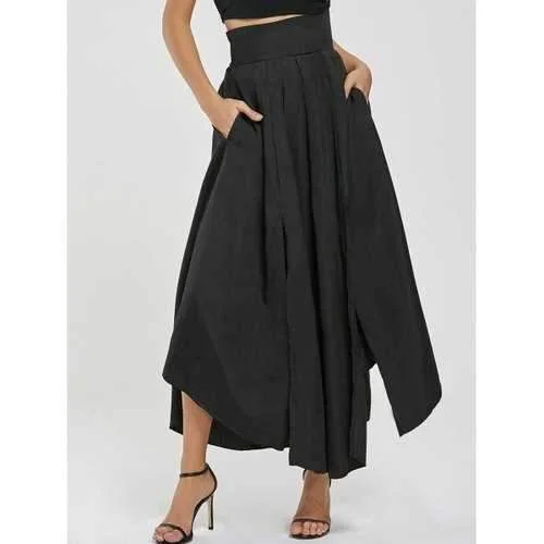 High Waisted Pleated Slit Maxi Skirt - Black S flowy skirt hem