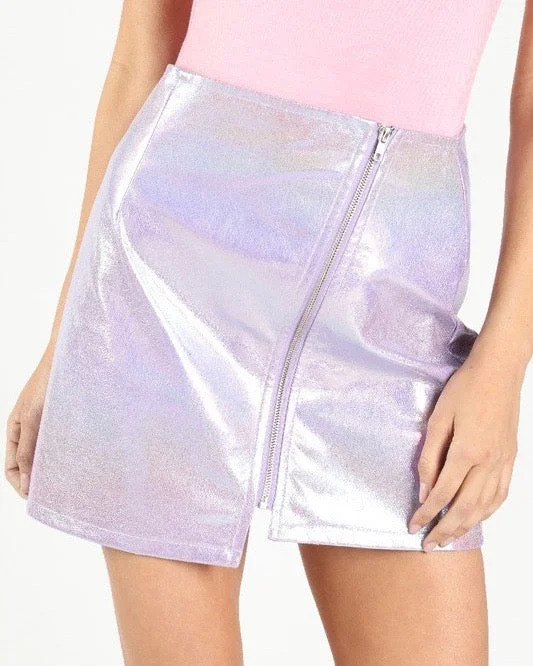 FINAL SALE - Wild Honey - Iridescent PU asymmetrical zip skirt in Holographic Purple boho skirt vibe