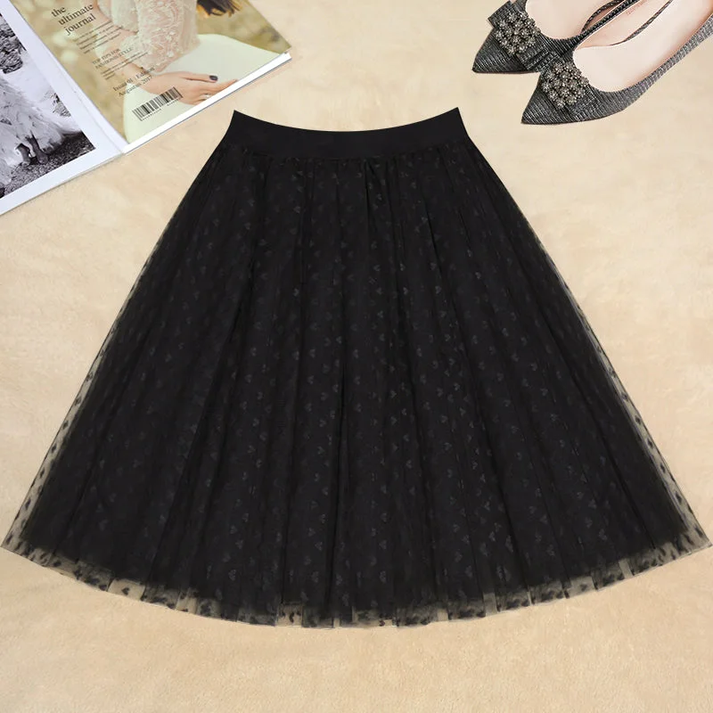 Women Black Dot tulle Box Pleats Skirts Summer lace skirt intricate